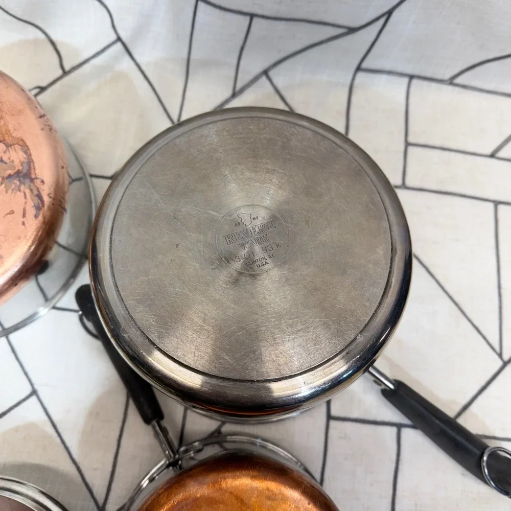 Revere Ware Saucepan Set 7 Piece Silver Copper Bottom Stainless Steel USA Made